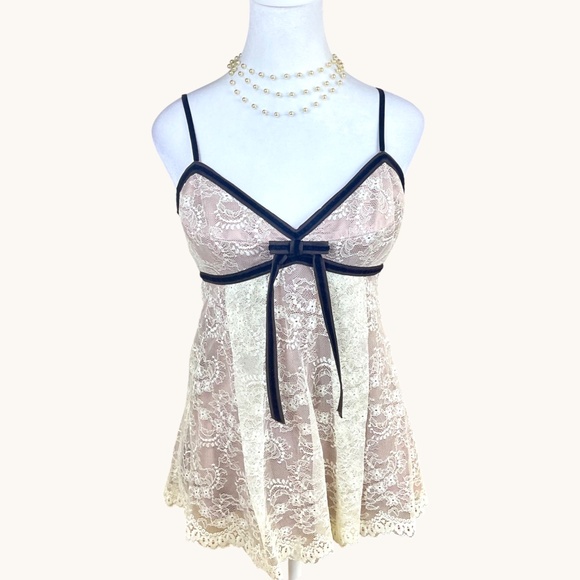 Robert Rodriguez Other - Robert Rodriguez Lingerie Top Chemise Pink Lace Brown Velvet Ribbon (8)